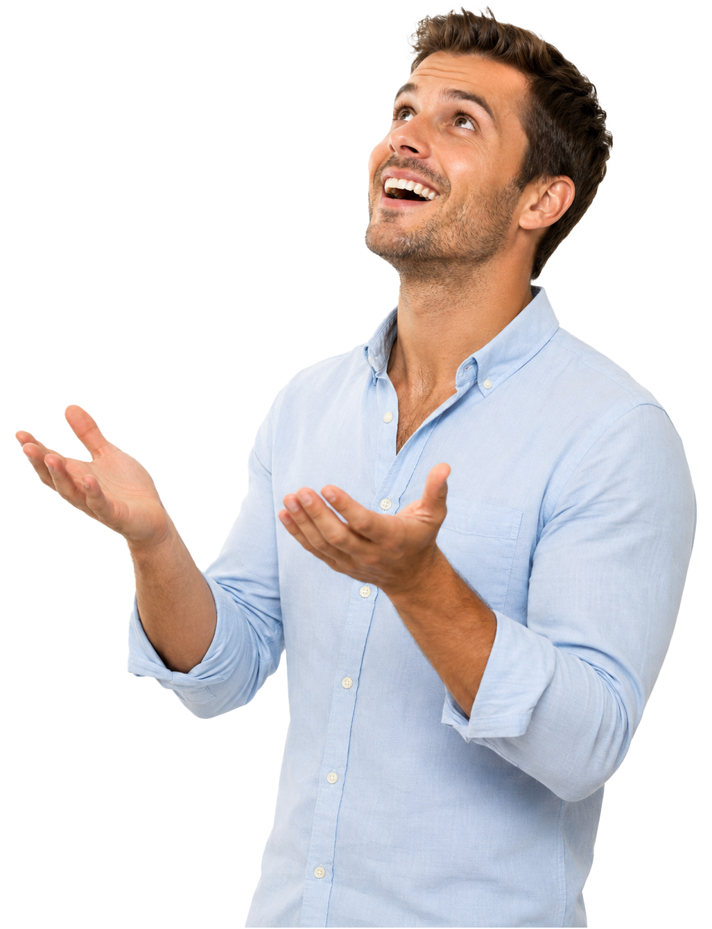 Person joyfully looking up as money falls
