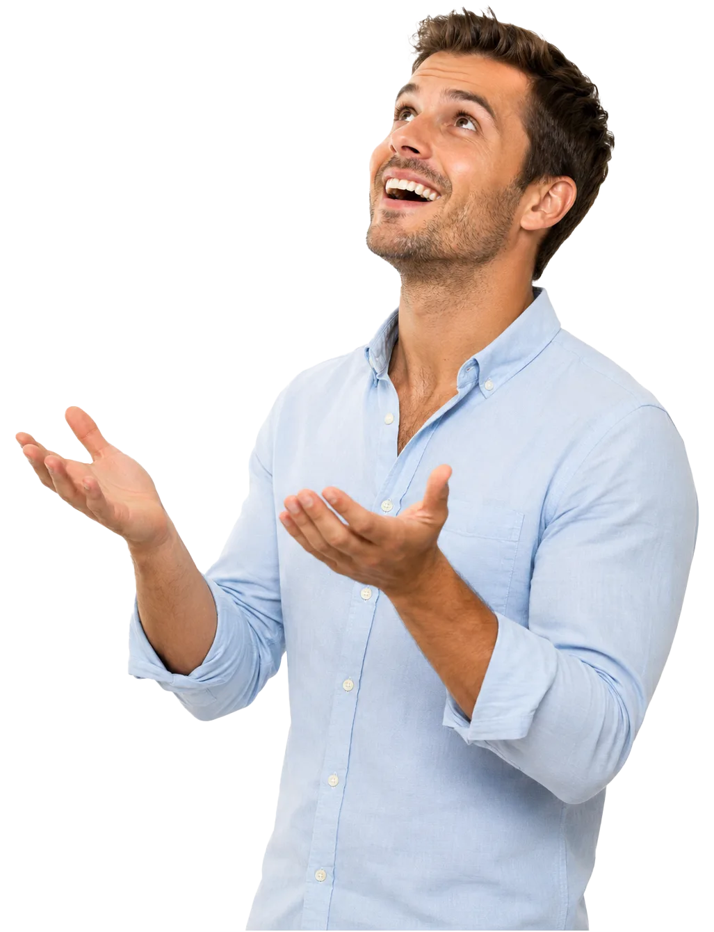 Person joyfully looking up as money falls