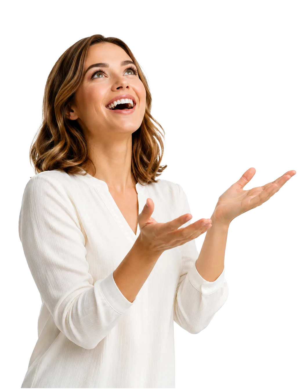 Person joyfully looking up as money falls