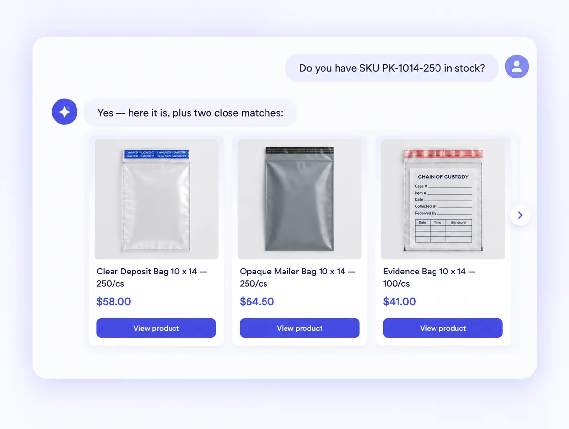 Chatbot answering a SKU question with three clickable product cards