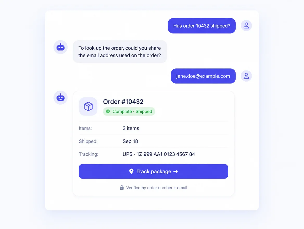 Chatbot verifying an order number and e-mail, then showing an order card with a Track package button