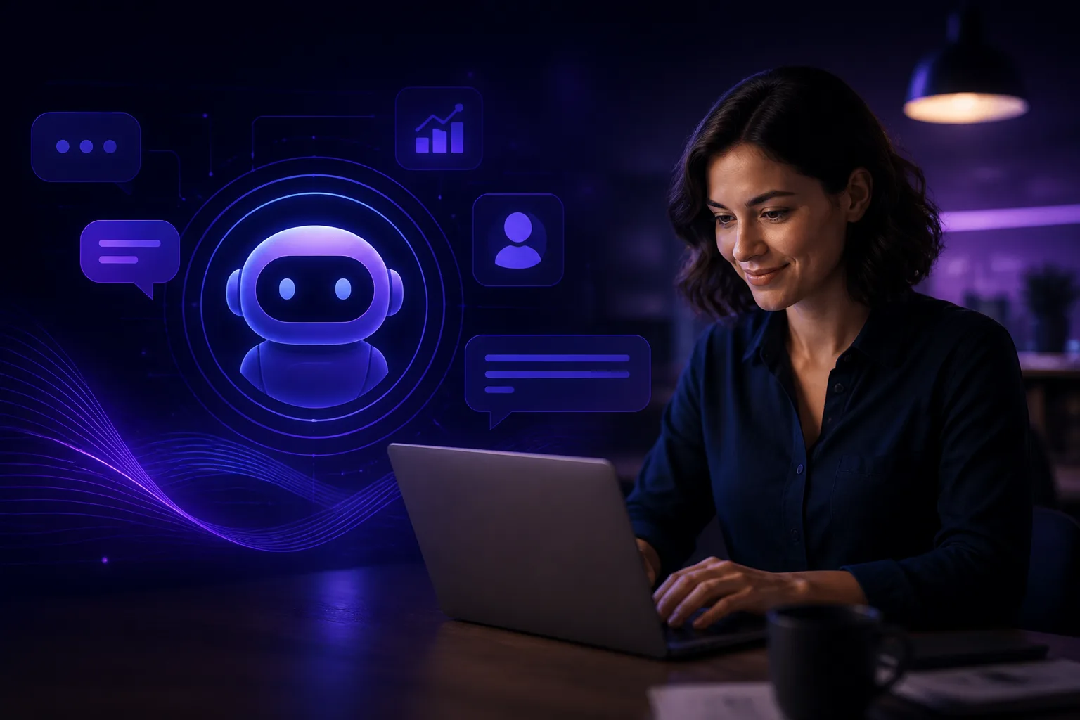 AI chatbot assisting a small business owner with customer interactions and operational tasks.
