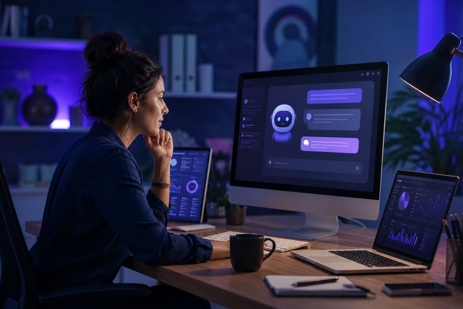 Best AI tools for small business owners, including DBestChatBot, ManyChat, Zapier, Tidio, and Intercom, are shown on a desktop screen, with a small business owner in the background, highlighting the automation and customer service capabilities of these tools.