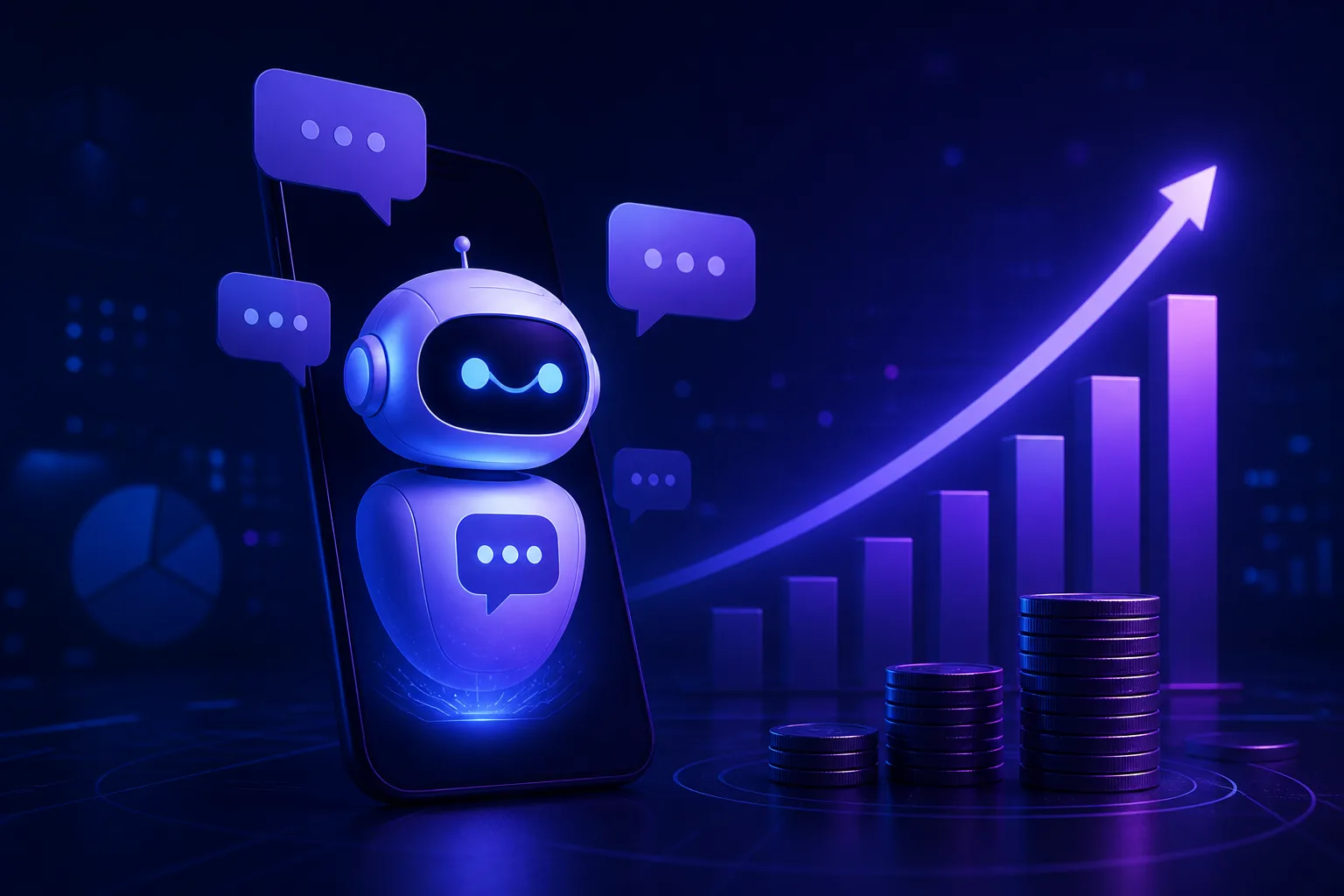 AI chatbot optimizing business operations and improving ROI on a digital interface.