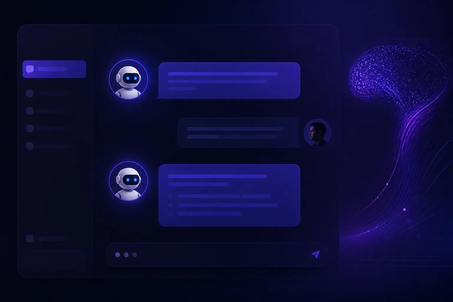 A modern dark UI illustration showing how to start with chatbot 4, featuring abstract AI imagery.