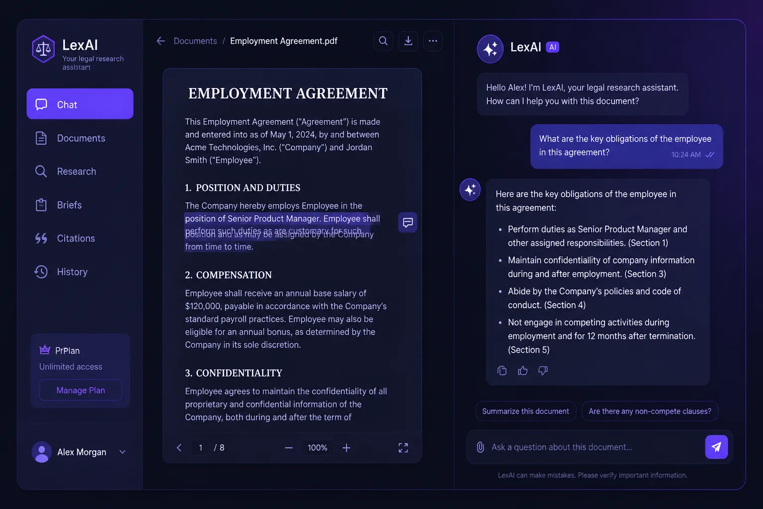 AI chatbot assisting a lawyer with legal document management on a computer screen.