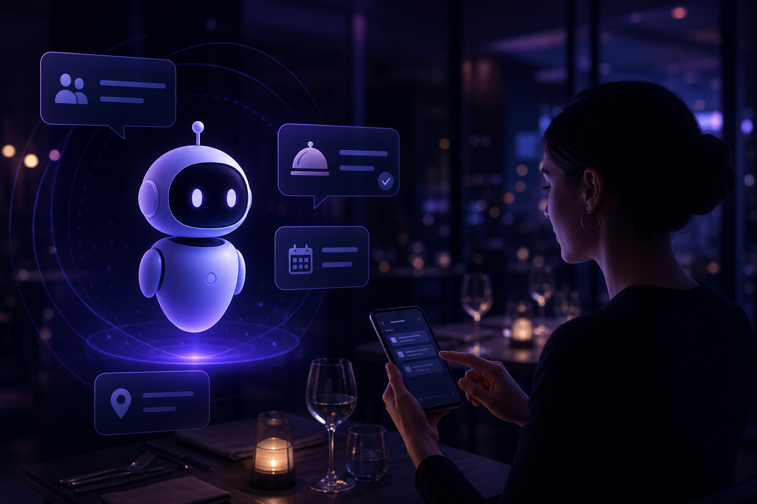AI chatbot helping a restaurant streamline reservations and enhance customer service on a digital interface.